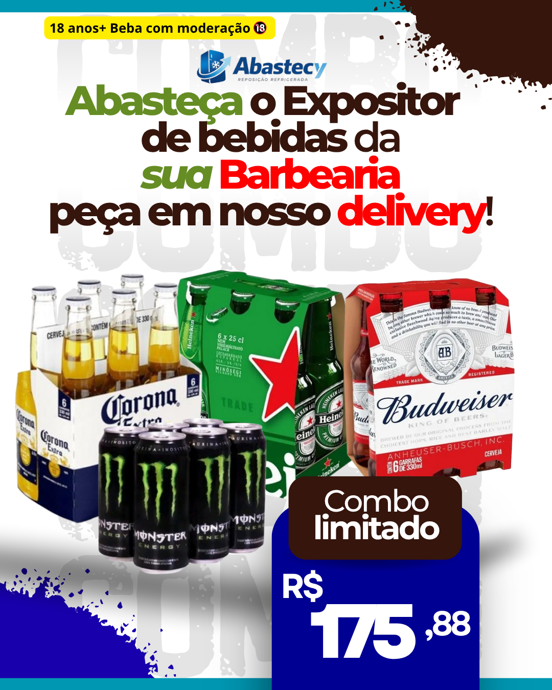 Combo/ 1 cx de Heineken Lager LN spritz 330ml 6 un/ 1 cx de Corona Extra LN 330ml 6 un/ 1 cx de Budweiser LN 330ml 6 un/ 1 Caixa Energético Monster 473ml